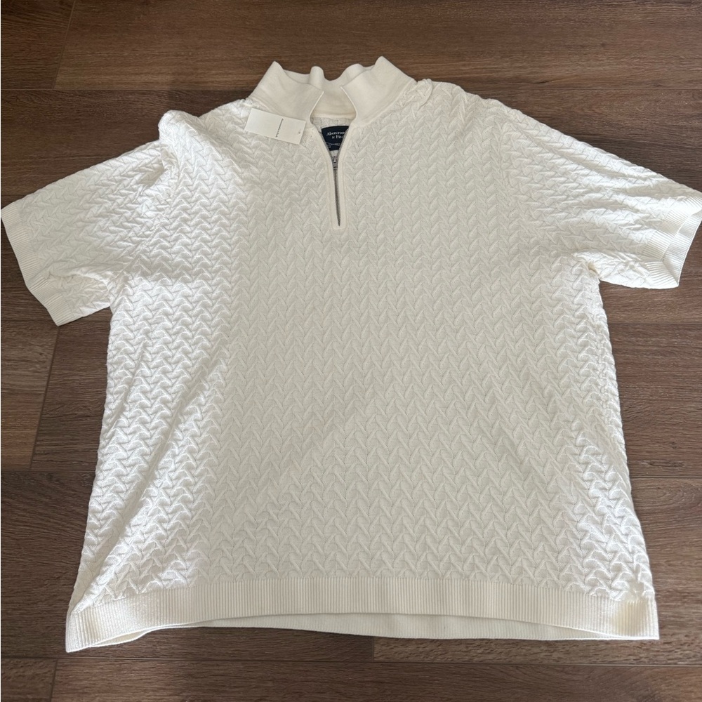 Abercrombie & Fitch White Textured Zip Polo